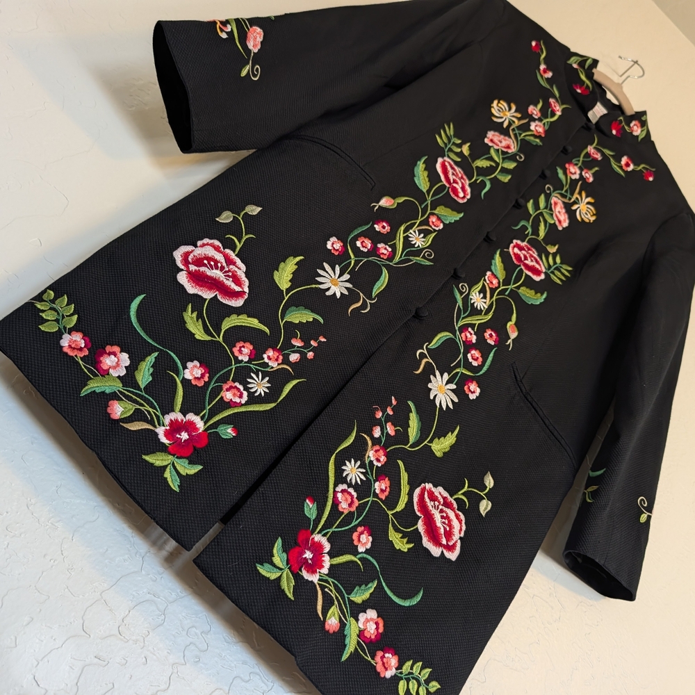 VTG 90s Victor Costa Occasion Black Floral Embroidery Duster Jacket Boho Cottage - Picture 9 of 11